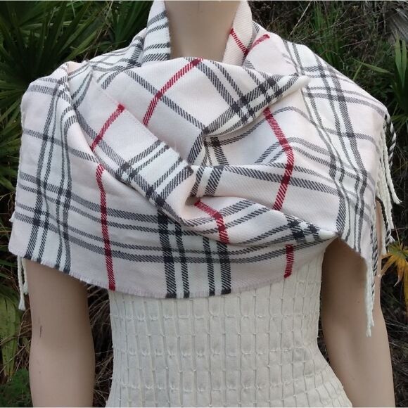 EUC V. FRAAS Plaid Light Pink/Black/Red/White 100% Acrylic Scarf with Fringe - Picture 1 of 11